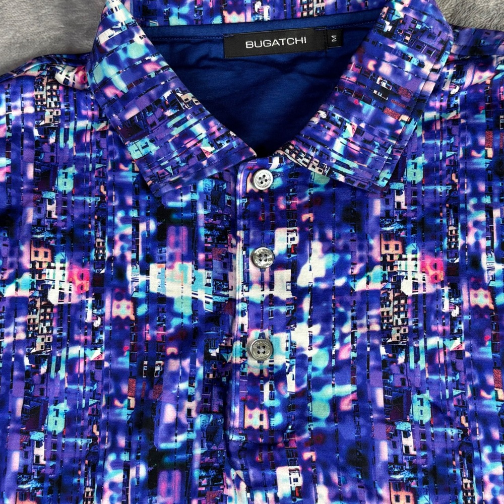 Bugatchi Polo Shirt Mens Medium Purple Multi Abstract Digital Print Cotton Short